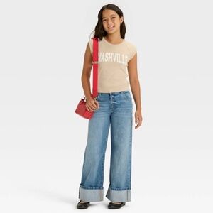 Girls' Mid-Rise Loose Slouchy Wide Leg Rolled Cuff Jeans art class Blue 18Plus